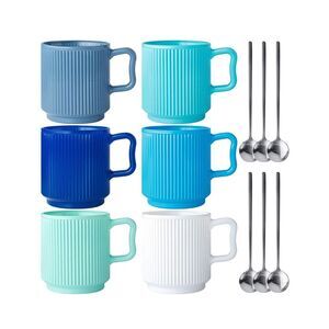 NEW Set of 6 Glass Coffee Mugs, Classic w/ 6 Spoon 12oz